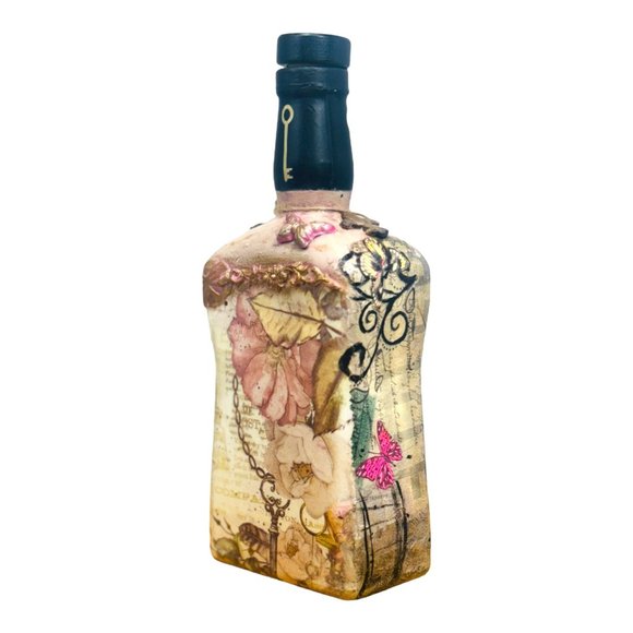 Up cycled Decanter Bottle Mixed Media Peep Keyhole Clay Hand Painted Butterfly - Picture 11 of 16